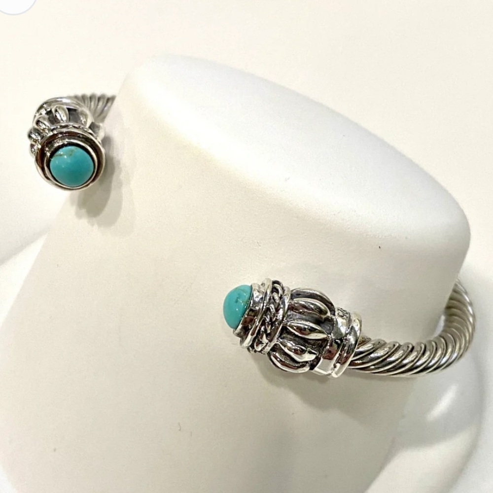 Vintage Sterling Silver Cable Turquoise Bracelet Cuff - Picture 5 of 16